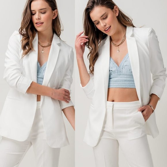 NEW Classic Collar Mid Length Side Pocket Open Front Cardigan Long Blazer Ivory - Picture 1 of 10